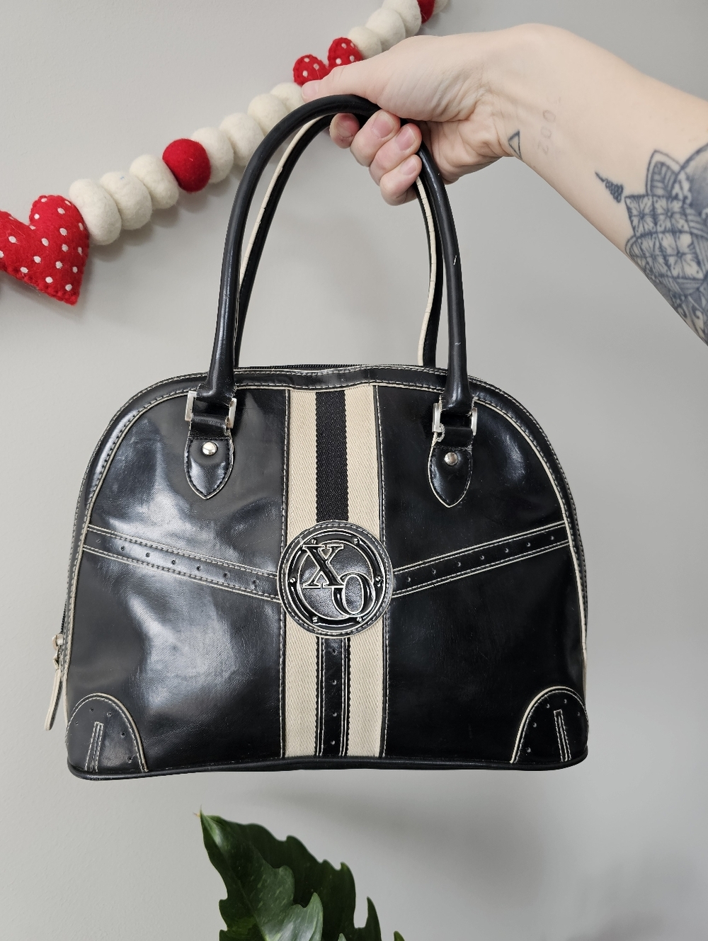 XOXO Black Vinyl Mini Bowling Bag Y2K Stripe Retro Shoulder Purse *Wear - Read